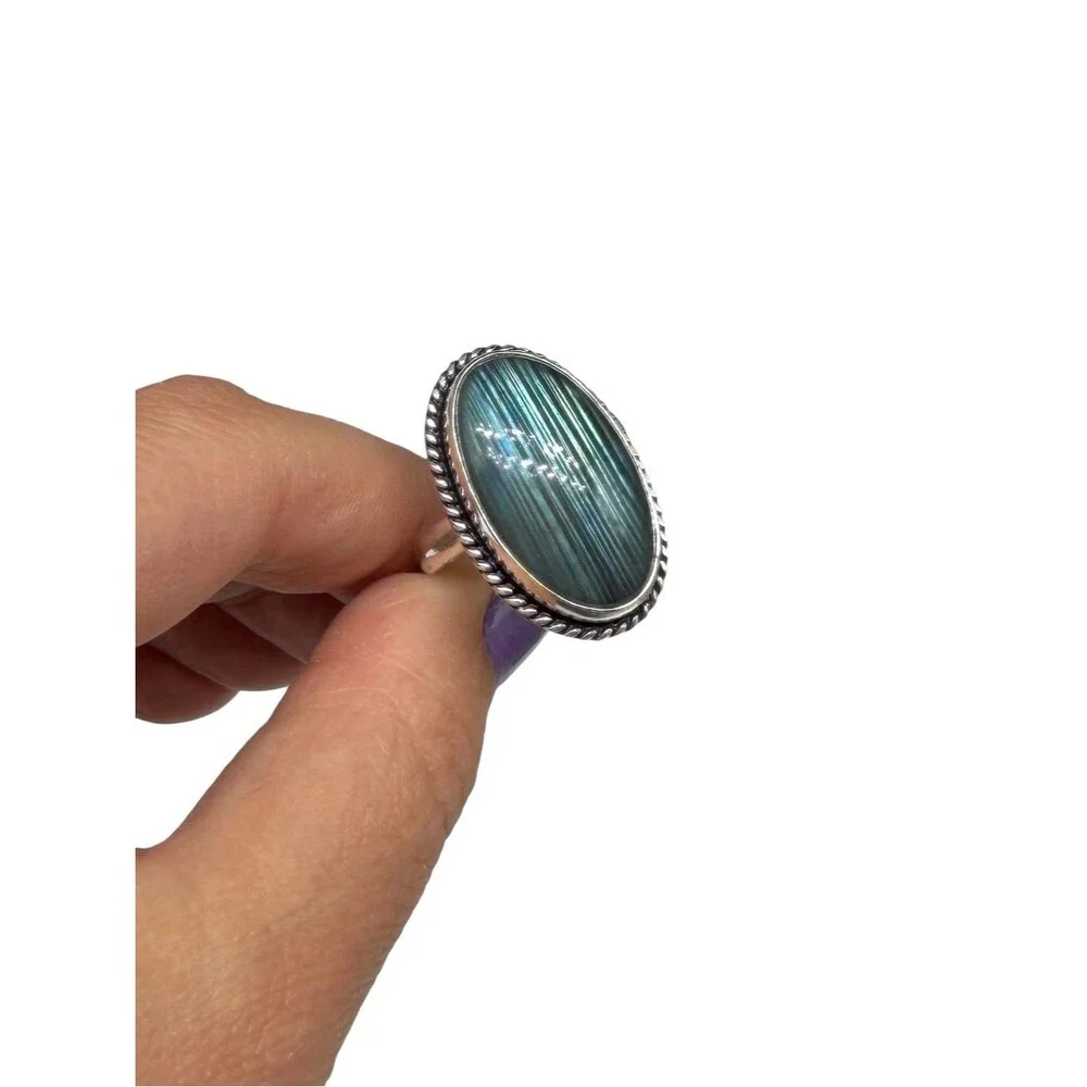 Labradorite Ring Size 7.5 925 Sterling Silver Overlay Oval Stone